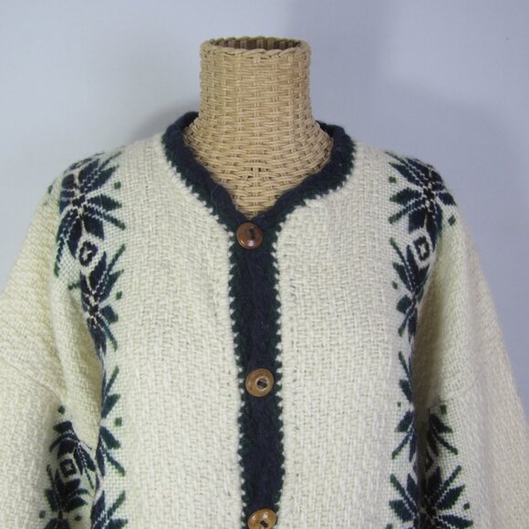 Yarina Ecuador Unisex L Ivory Navy Wool Cardigan Sweater Snowflake 50" Coat - Picture 6 of 12